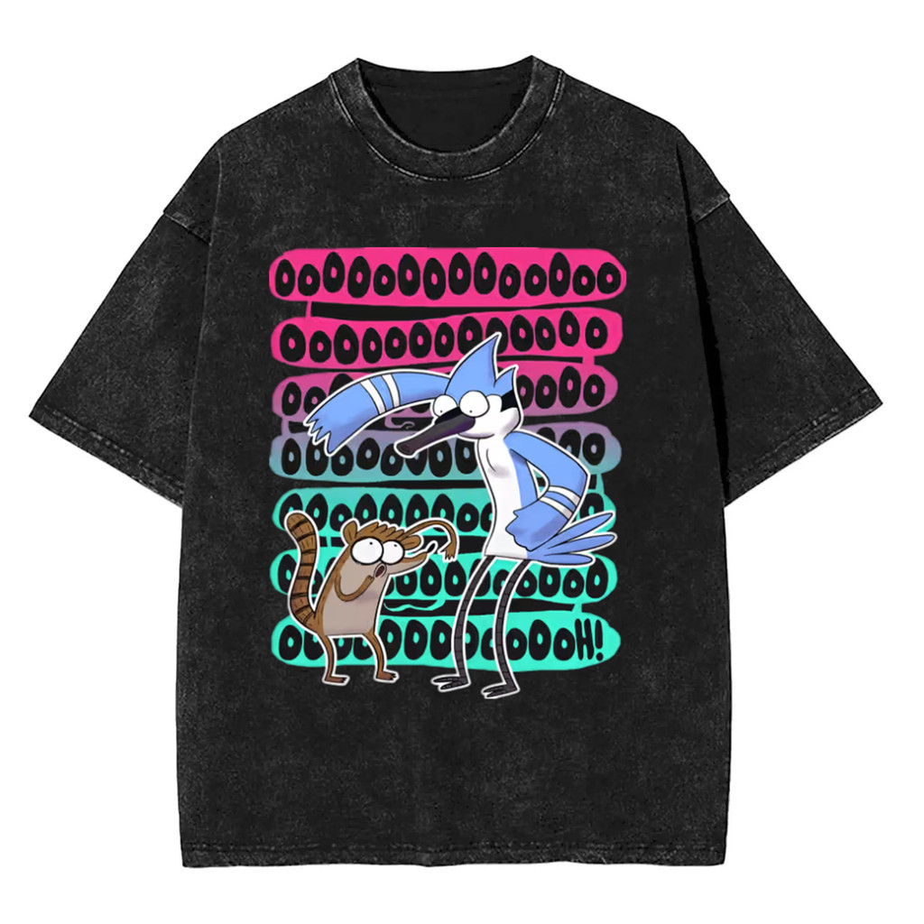 การ์ตูนRegular Show graphic 100% ผ้าฝ้าย Heavyweight Washed short-SLEEVE เสื้อยืดสําหรับผู้ชาย