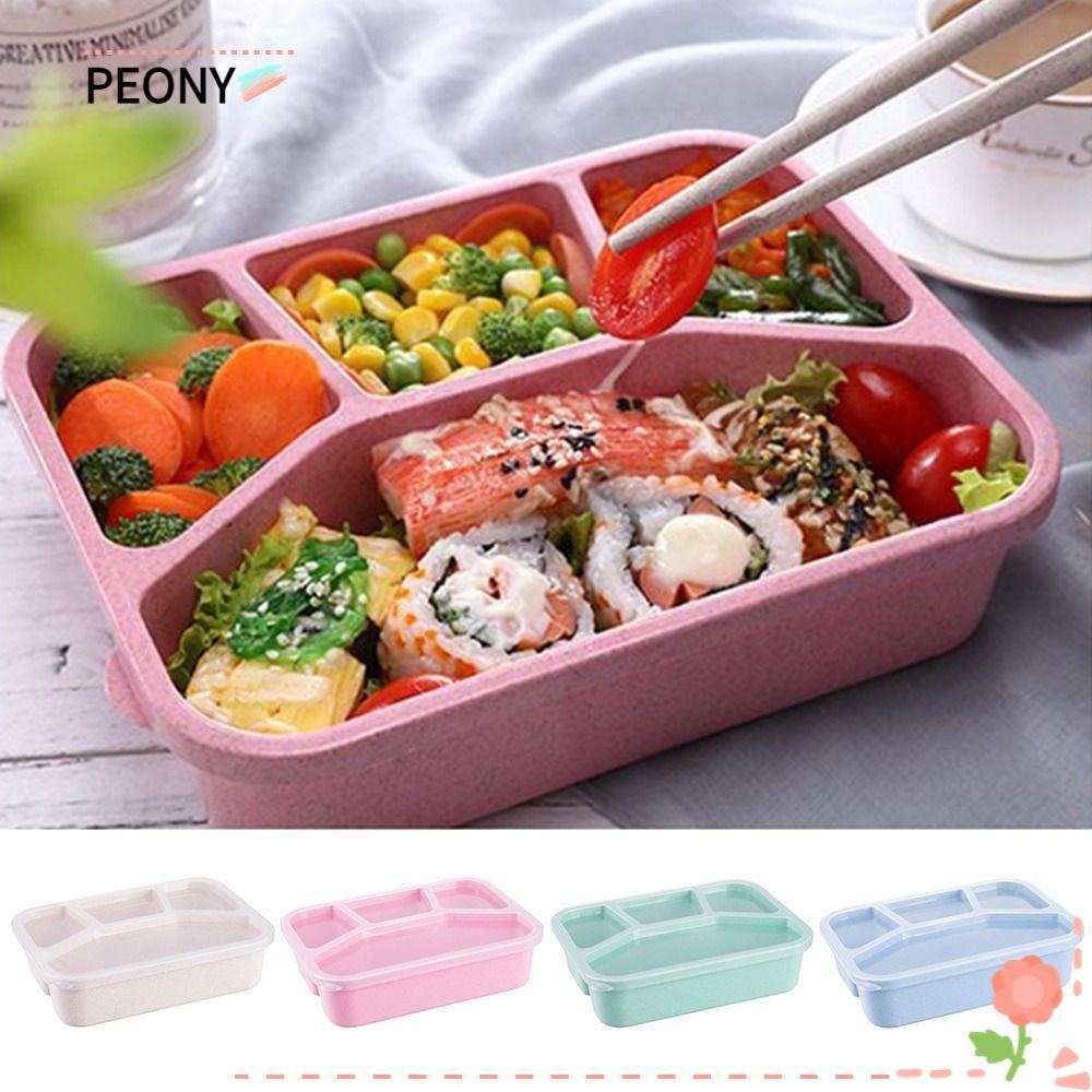 PEONYPAVILION ช่อง Bento , กล่องอาหารกลางวันสไตล์ Japese พลาสติกรั่ว, แบบพกพา 4 กริดหลากสีเตาอบไมโคร