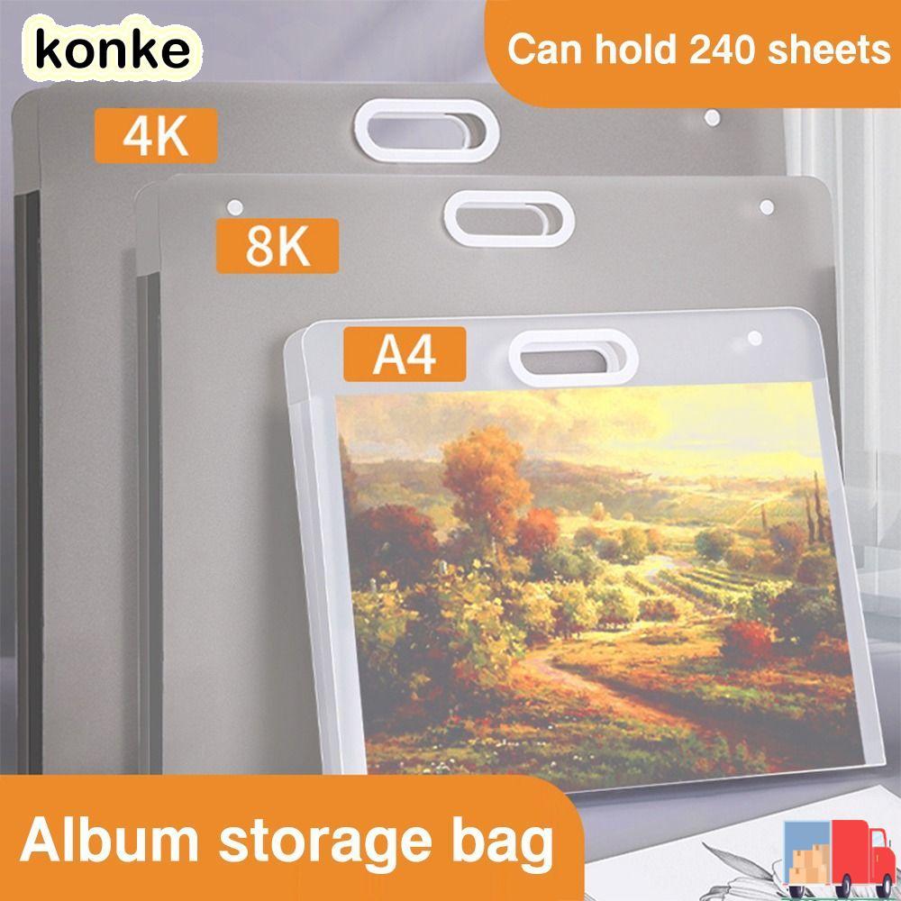 KONKE ภาพวาดถุงเก็บกระดาษ, แฟ้มกันน้ํา 4K/8K/16K, โปร่งใสแบบพกพา A2/A3/A4 4K/8K/16K กระดาษ Organizer