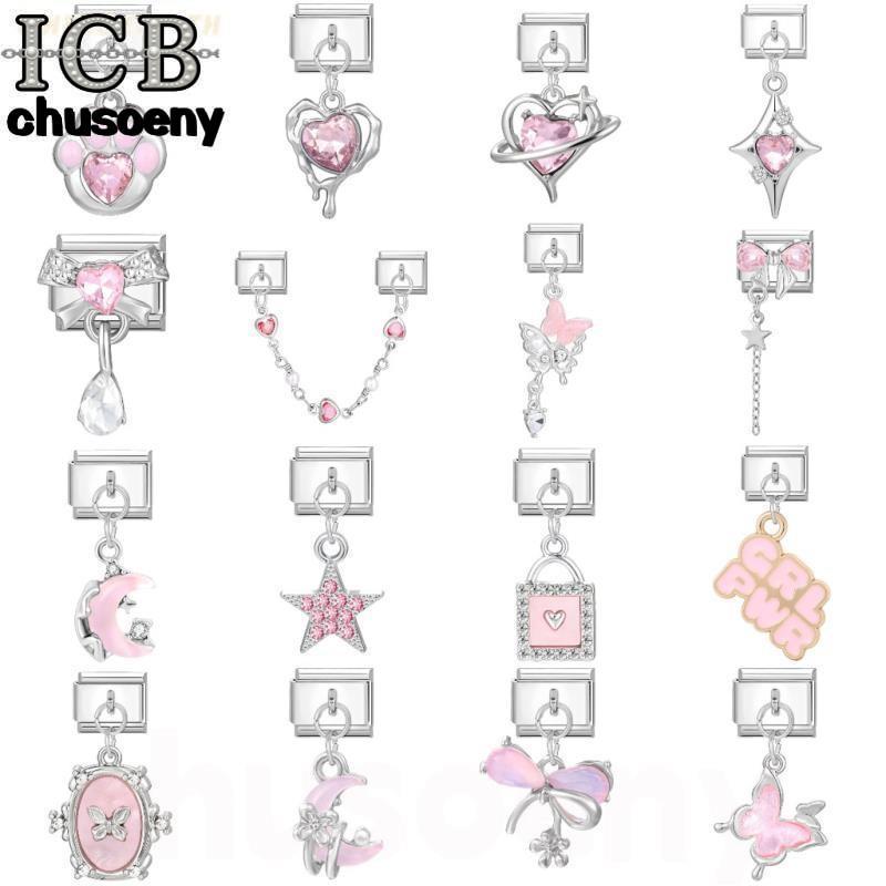 🎀100+ แบบ ฐานเงินชุดสีชมพูเสน่ห์อิตาลีลิงค์พอดี9มิลลิเมตรสร้อยข้อมือทําทําเองรักผีเสื้อดอกไม้เสน่ห์สร้อยข้อมือลิงค์อุปกรณ์ย้อนยุคโมดูลสร้อยข้อ