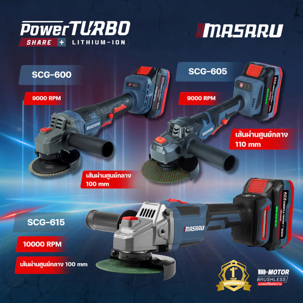 MASARU รุ่น SCG-600 / SCG-605 / SCG-615 เครื่องเจียร์ไร้สาย 4 นิ้ว เครื่องเจียรไฟฟ้า