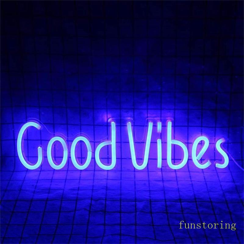 FUN Neon Light Sign LED Good Vibes ไฟกลางคืน USB ดําเนินการตกแต่ง 19 6 x 4 9