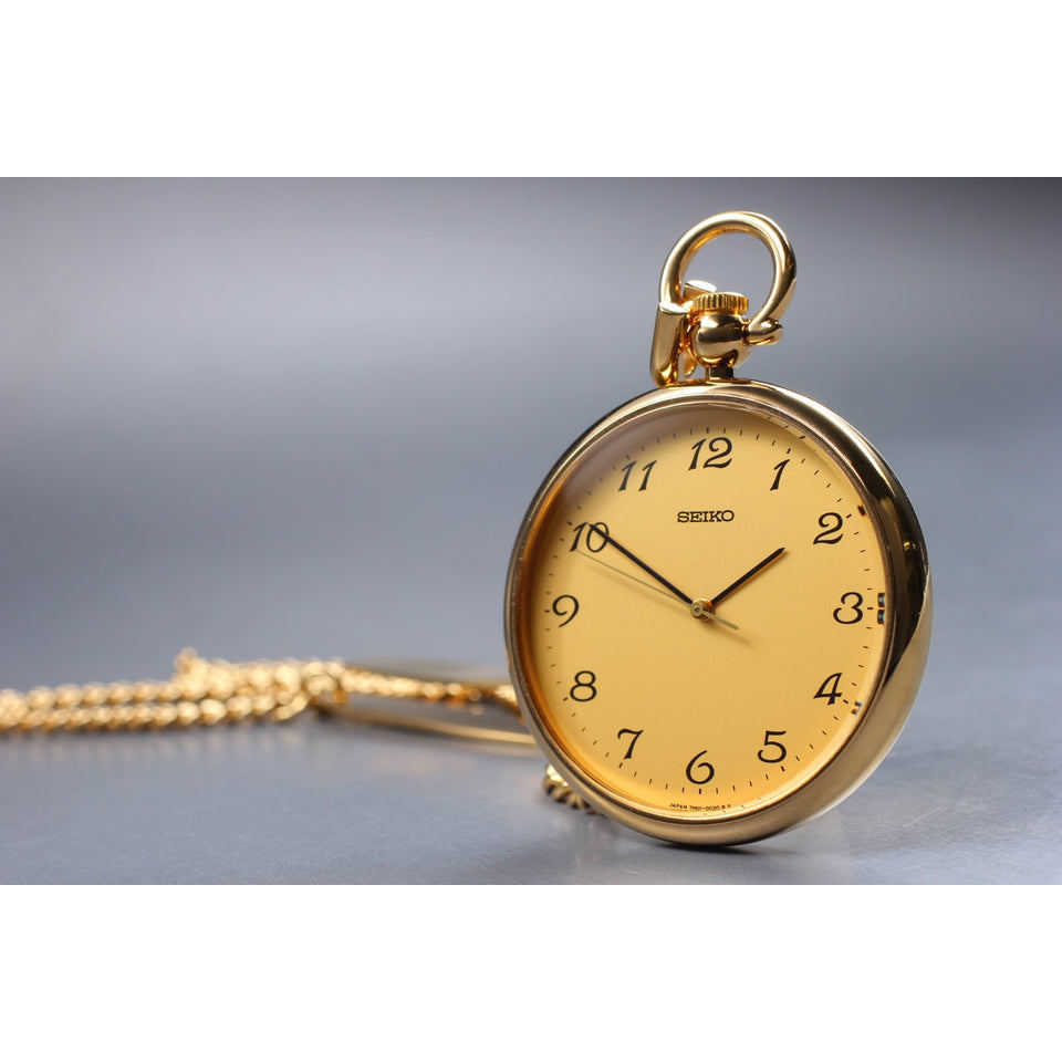 Vintage 1993 [N MINT] Seiko 7N01-0020 Gold Round Second 38mm Quartz Pocket Watch