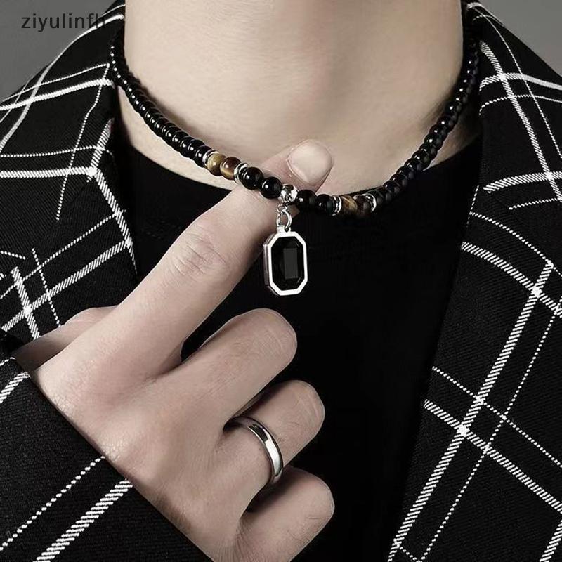 Null สร้อยคอลูกปัดสีดําอินเทรนด์ของผู้ชายพร้อมจี้สี่เหลี่ยม - ของขวัญเครื่องประดับชาย TH