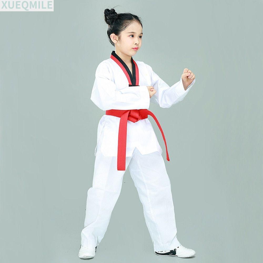 QINZHUAN เด็ก TKD เครื่องแต่งกาย, ผ้าฝ้ายสีขาวเทควันโดเครื่องแบบ, แฟชั่นแขนยาว V คอ Breathable WTF ค