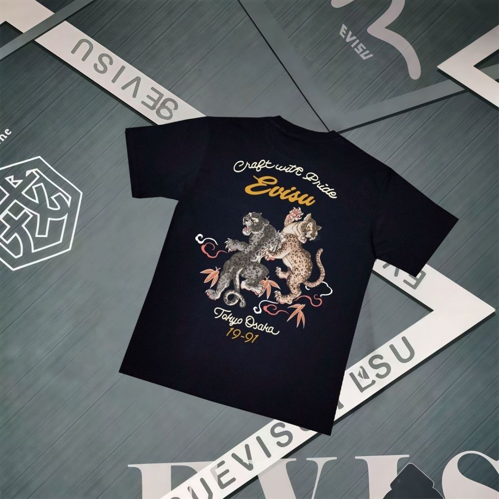 ECU High Street Street Wear ฤดูใบไม้ผลิฤดูร้อนสไตล์ใหม่ผู้ชายพิมพ์ลายเสือดาวคู่พิมพ์ลําลองหลวมรอบคอแ