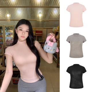 <Moses Queen> เสื้อยืดแขนสั้นคอสูงเนื้อผ้าบางเบาสำหรับผู้หญิง เสื้อตัวในสุดเซ็กซี่สำหรับฤดูร้อน