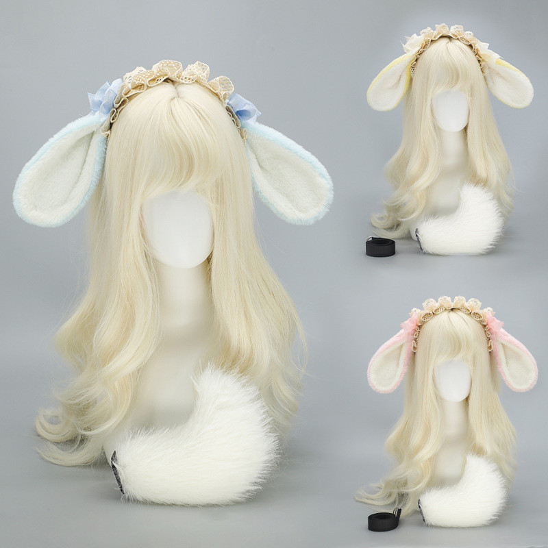 Lolita Alice Rabbit Ears KC Rabbit Ear Rabbit Tail Set cos Bow Rabbit Ears Plush Headband ll3.4