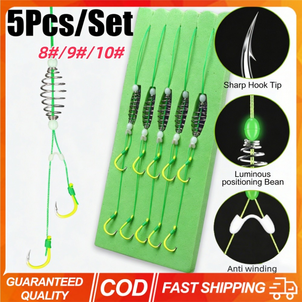 5ชิ้น/เซ็ตเรืองแสงสีเขียวเหล็กคาร์บอนสูงตะขอตกปลา8 #/9 #/10 # แข็งแกร่ง คม ฤดูใบไม้ผลิตะขอป้องกันการระเบิดตะขอสําหรับน้ําเค็มน้ําจืดตกปลาอุปก