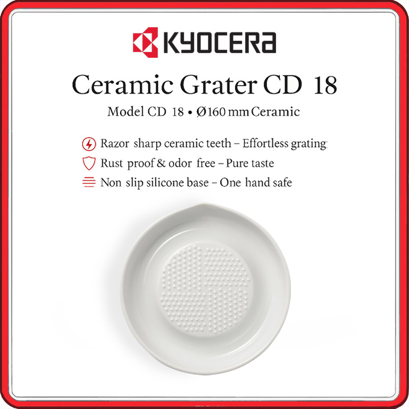 Kyocera Advanced Ceramic Grater Plate CD-18 Sizes | Rust-Proof Non-Slip Japanese Daikon Radish, Ginger & Garlic Grater with Cleaning Brush, Made in Japan