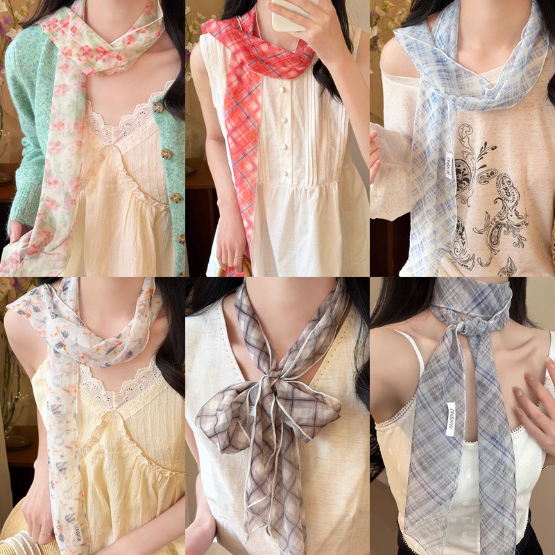 ผ้าพันคอผ้าไหมตาข่าย ลวดลายผสมดอกไม้และสก๊อต สำหรับผู้หญิง ยามฤดูร้อน ยาว