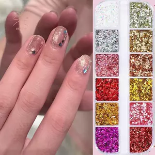 [maybeauty] 12 กริดผสม Star Heart Nail Glitter 1 มม.Star เลื่อมเล็บ DIY สีสันประกายเล็บ Charms อุปกรณ์ตกแต่งเล็บ {TH}