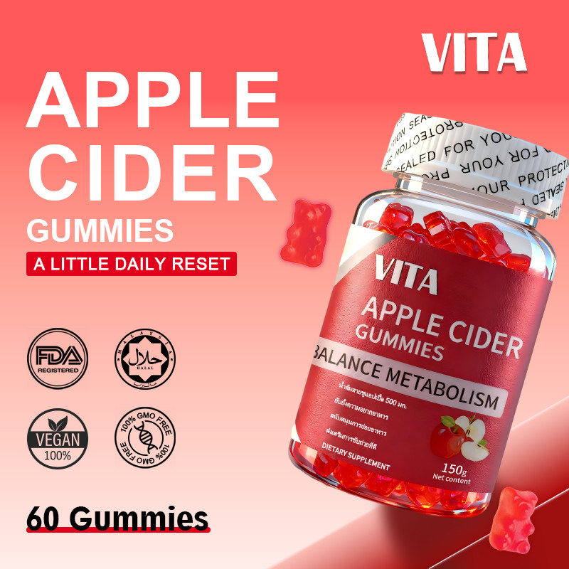 VITA Apple Cider Vinegar Gummiesแอปเปิ้ลไซเดอร์วิเนก้าร์กัมมี่ วิตามินรวมอาหารเสริมช่วยควบคุมน้ำหนักล้างพิษบำรุงผิว60Pcs