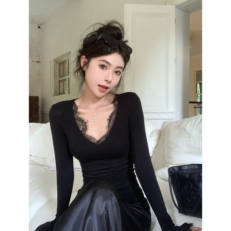 Cod เสื้อแฟชั่นภายในคอปกอารมณ์ลูกไม้ต้นฤดูใบไม้ร่วงสีดําเซ็กซี่ t Skinny เสื้อผ้าผู้หญิง v ฐาน Desir