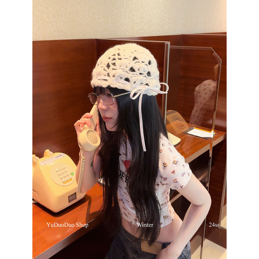 สไตล์เกาหลีแฮนด์เมดโครเชต์กลวงโบว์ถักหมวกเป่าโถวผู้หญิงฤดูร้อนซอกบางสไตล์ใบหน้าขนาดเล็กหมวกขนสัตว์ ราคา ถูกที่สุด ดีลบีเคเค แกลเลอรีภาพที่ 9