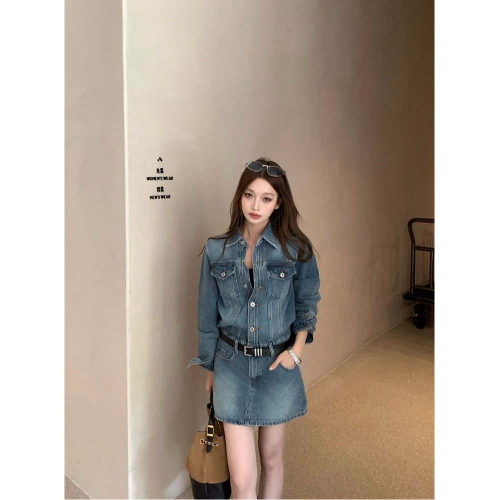 Feel Denim Belt Version Dress สไตล์ใหม่ Retro กระโปรงรสเสื้อผ้าผู้หญิงออกแบบฮ่องกง Niche fashioncod 