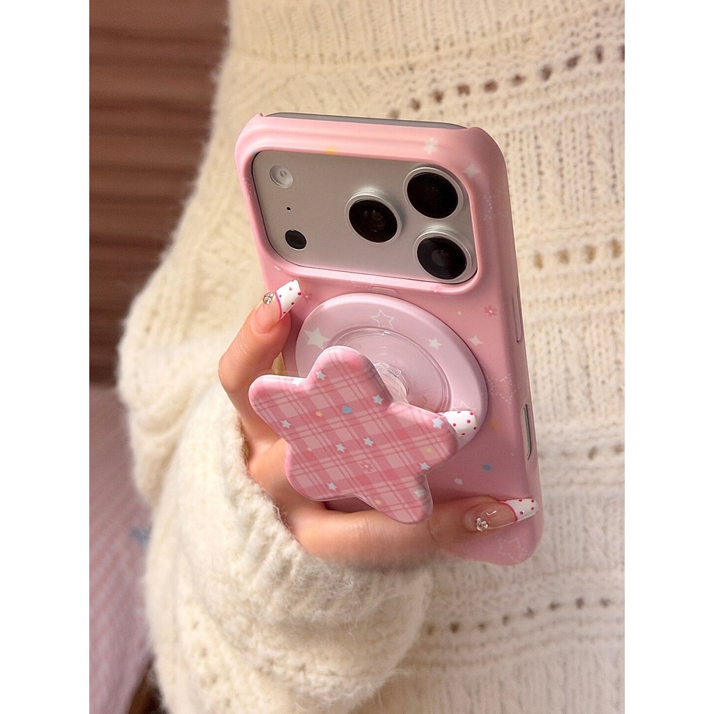 เคสแม่เหล็กน่ารักครึ่งครอบคลุมเคสแข็ง Girly ลายสก๊อตสีชมพู Little Star ฟิล์มที่ถอดออกได้ขาตั้งแม่เหล็กสําหรับ IPhone 17 Pro Max 16 Pro 15 14 Pro