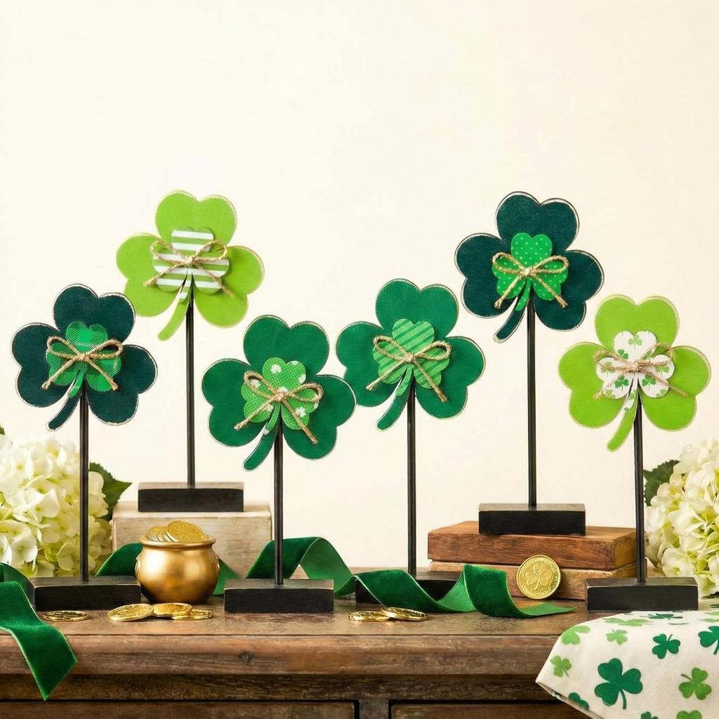 6 ชิ้น ใหญ่ เซนต์. Patricks Day Wooden Tabletop Decor Irish Shamrock Tall Standing Wood Block St. Pa