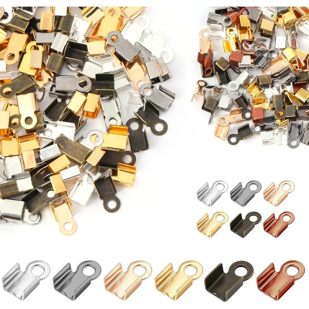 400 PCS พับ Over ปลายสายไฟ, 6 สีพับ Over สายไฟ Crimp End เคล็ดลับหนังริบบิ้น End Clasp เคล็ดลับหมวกเ