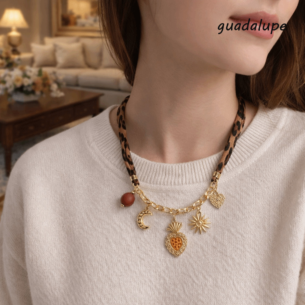 GUADALUPE1 สร้อยคอผ้าพันคอ, Bohemian Vintage Beaded Chain Necklace, Leopard Chain Necklace Handmade 