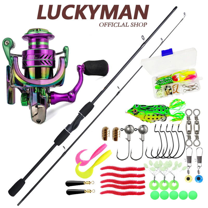 LUCKY MAN ชุดรอกตกปลาโลหะทั้งตัว รุ่น 1000-5000 พร้อมคันเบ็ดคาร์บอนไฟเบอร์ ความยาว 1.8-2.3 เมตร