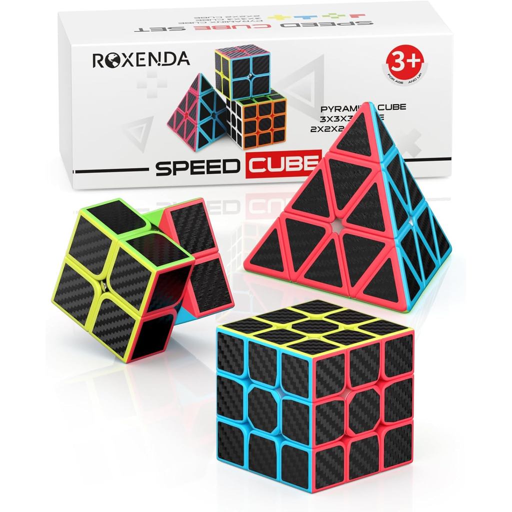ROXENDA Speed Cube Set, Magic Cube Set 2x2x2 3x3x3 Pyramid Cube Smooth Puzzle Cube (คาร์บอนไฟเบอร์)