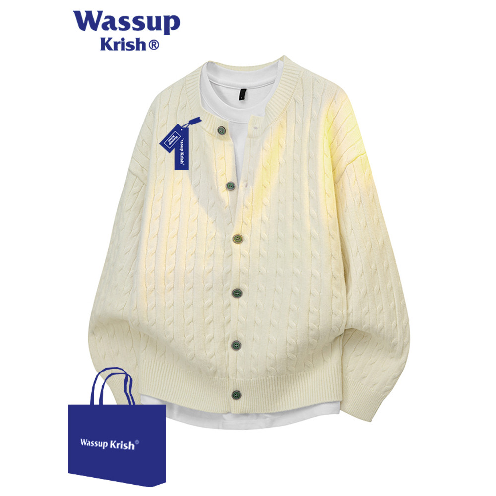 WASSUP KRISH เสื้อสเวตเตอร์ถักเสื้อแจ็คเก็ตผู้ชายฤดูใบไม้ร่วง 2026 สไตล์ใหม่ Twist เสื้อถักเสื้อคู่ห