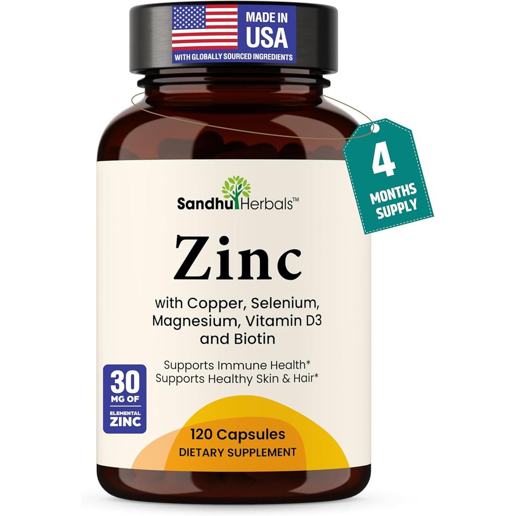 อาหารเสริมสังกะสี 30 มก. พร้อมคอปเปอร์ ซีเลเนียม & วิตามิน E | 120 แคปซูล | เพื่อสุขภาพภูมิคุ้มกัน ผ