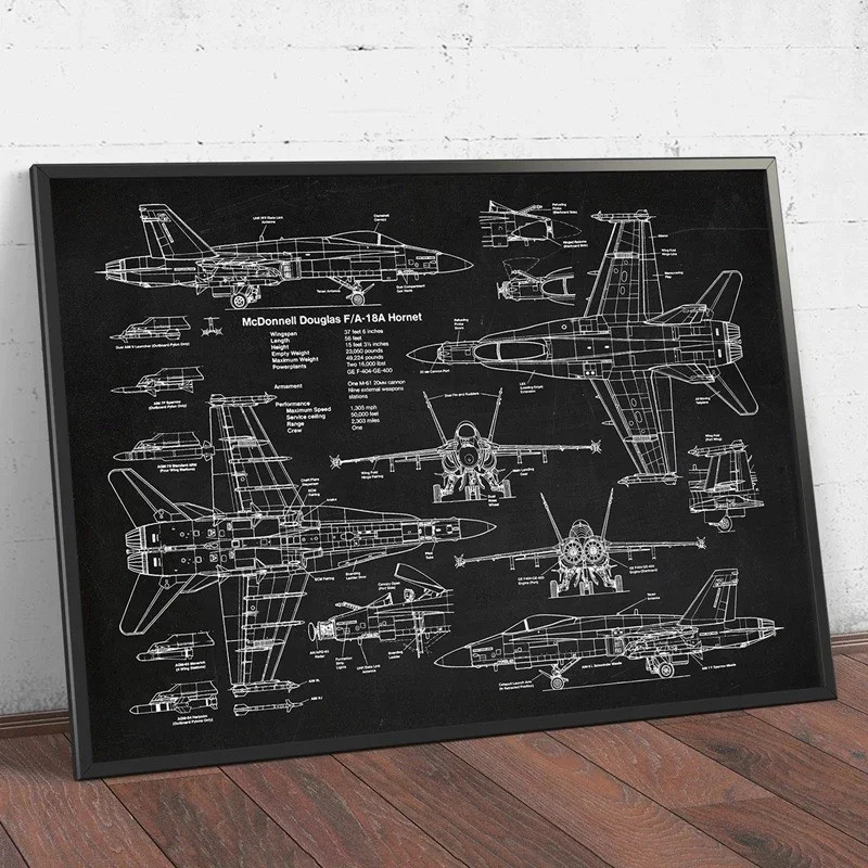 สแกนดิเนเวียน Simple Wall Art เครื่องบิน F18 F22 HD ผ้าใบโปสเตอร์ภาพวาดพิมพ์ Fighter Jet Blueprint P