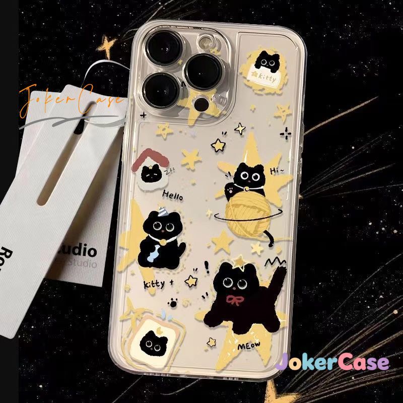 เหมาะสำหรับ OPPO Reno 14 15 12 13 8T 6 5F 6Z 7Z 10 11F 12F 14F 15F 11 12 13 15 14 Pro เคสโทรศัพท์แบบใส ลายแมวดำน่ารัก