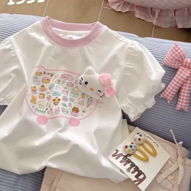 韩ชุด女童夏季纯棉立体kt猫印花洋气圆领T新款女宝甜美上衣潮เสื้อยืดผ้าฝ้ายแท้ฤดูร้อนของเด็กผู้หญิงสไตล์เกาหลีกับ3ง เคที แมวพิมพ์