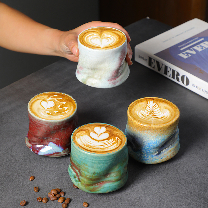 สโตนแวร์ Espresso Cup Retro Hand-Kneaded จีบดึงดอกไม้ถ้วยเซรามิคยุคกลาง Niche Design ถ้วยน้ําชายามบ่าย
