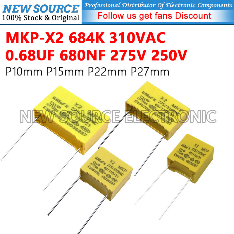 [5 ชิ้น] MKP-X2 684K 310VAC 0.68UF 680NF 275V 250V ตัวเก็บประจุความปลอดภัย P10mm P15mm P22mm P27mm แหล่งใหม่