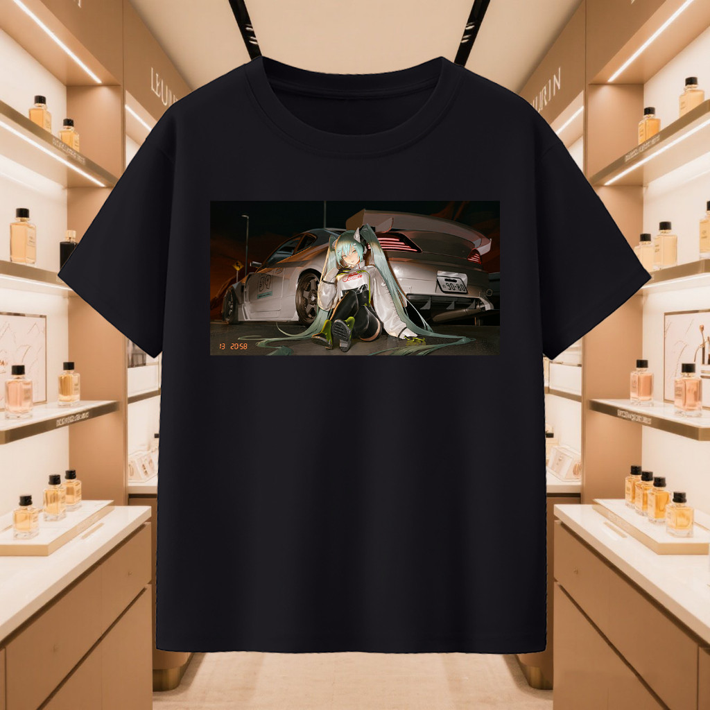 เสื้อยืด Miku เสื้อยืด Hatsune Miku เสื้อยืด VOCALOID Miku Expo Collaboration เสื้อยืดสีดําและสีขาว 