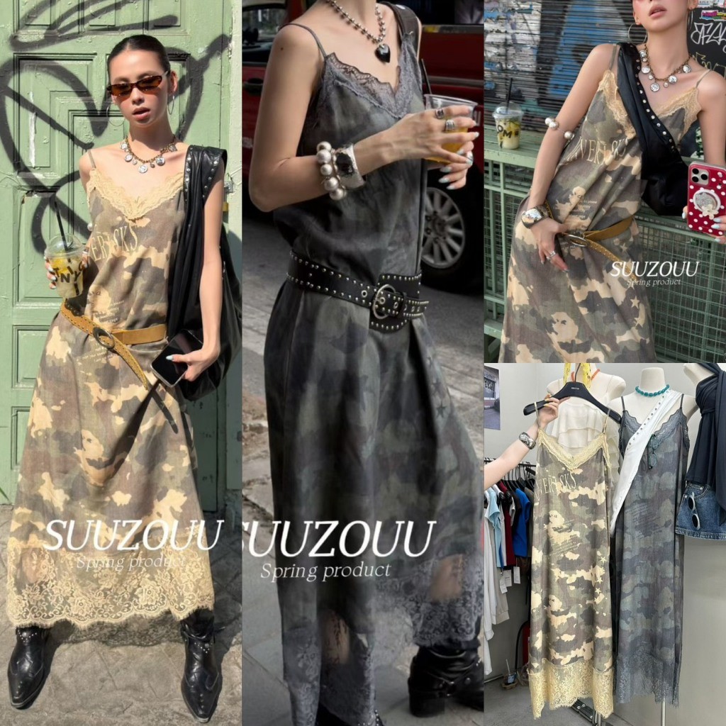 ❤ 🧵 🇰🇷 SU123 เดรสยาวสายเดี่ยวลายทหาร คอวี แต่งผ้าลูกไม้ งานเท่ เก๋ไม่ซ้ำใคร แฟชั่นเกาหลี TAG MM Fish 🧵🧡