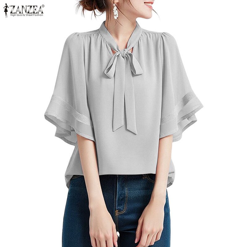 ZANZEA เสื้อผ้าสไตล์เกาหลีสำหรับผู้หญิง ออกแบบพาดหัวเสื้อด้วยโบว์ ขอบเสื้อระบาย และแขนเสื้อหลวม