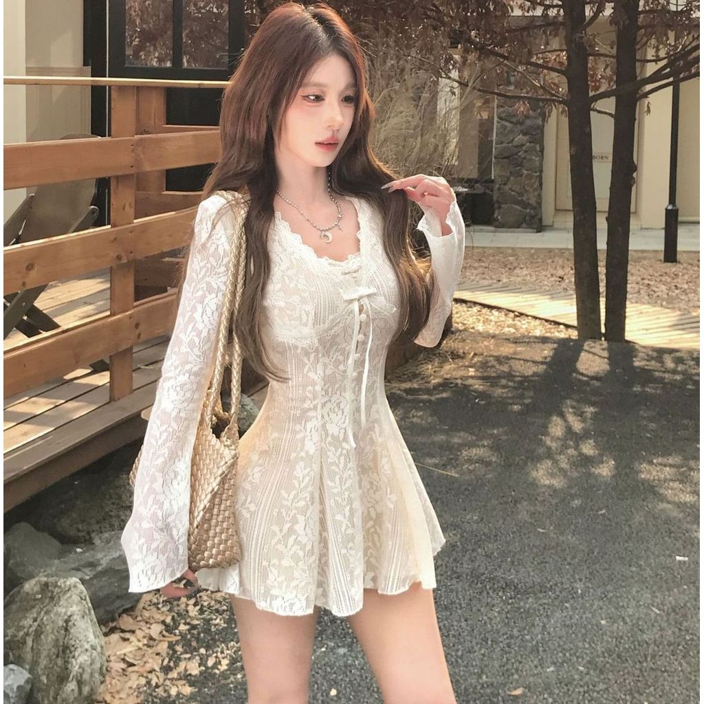 ชุดเดรสแขนยาวดีไซน์สไตล์ฝรั่งเศส ลายลูกไม้ สไตล์บริสุทธิ์ สำหรับฤดูใบไม้ร่วง