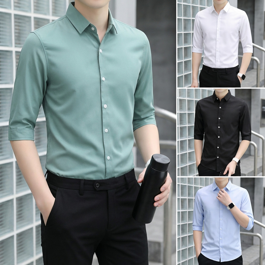MEFEEE เสื้อโปโลผู้ชายทรงสลิมฟิตคอจีน | 3/4 แขนปุ่มลงเสื้อลําลองสีขาวสีเขียวสีฟ้าอ่อนสีดํา