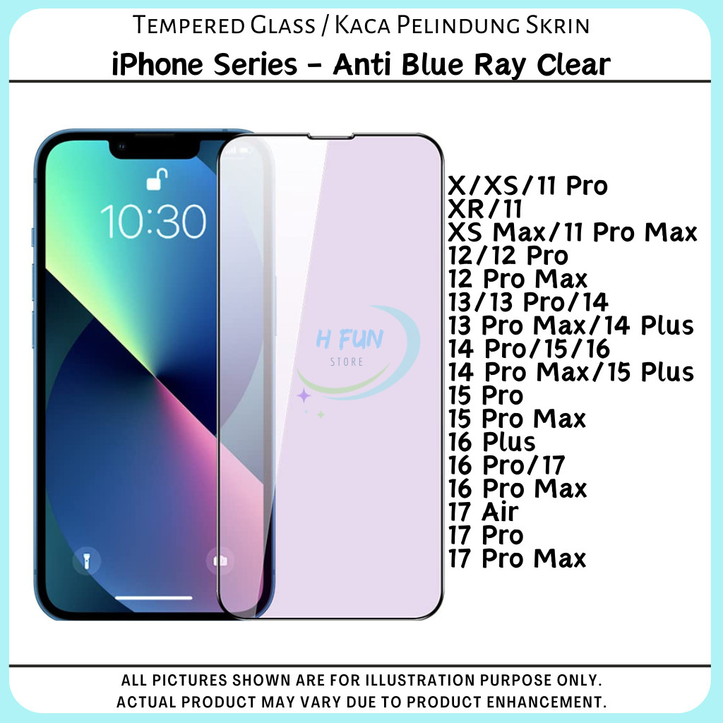 1 ตัวป้องกันหน้าจอ iPhone X/XS/XR/11/12/13/14/15/16/17/Pro/Max/Plus Anti Blue Ray กระจกเทมเปอร์ปกป้องหน้าจอ