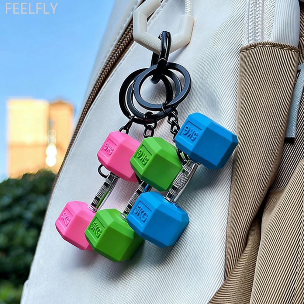 FEELFLY Gym Mini 3D Dumbbell กีฬาพวงกุญแจแฟชั่น PVC กุญแจรถนักเรียนกระเป๋าเป้สะพายหลังจี้ฟิตเนส Insp
