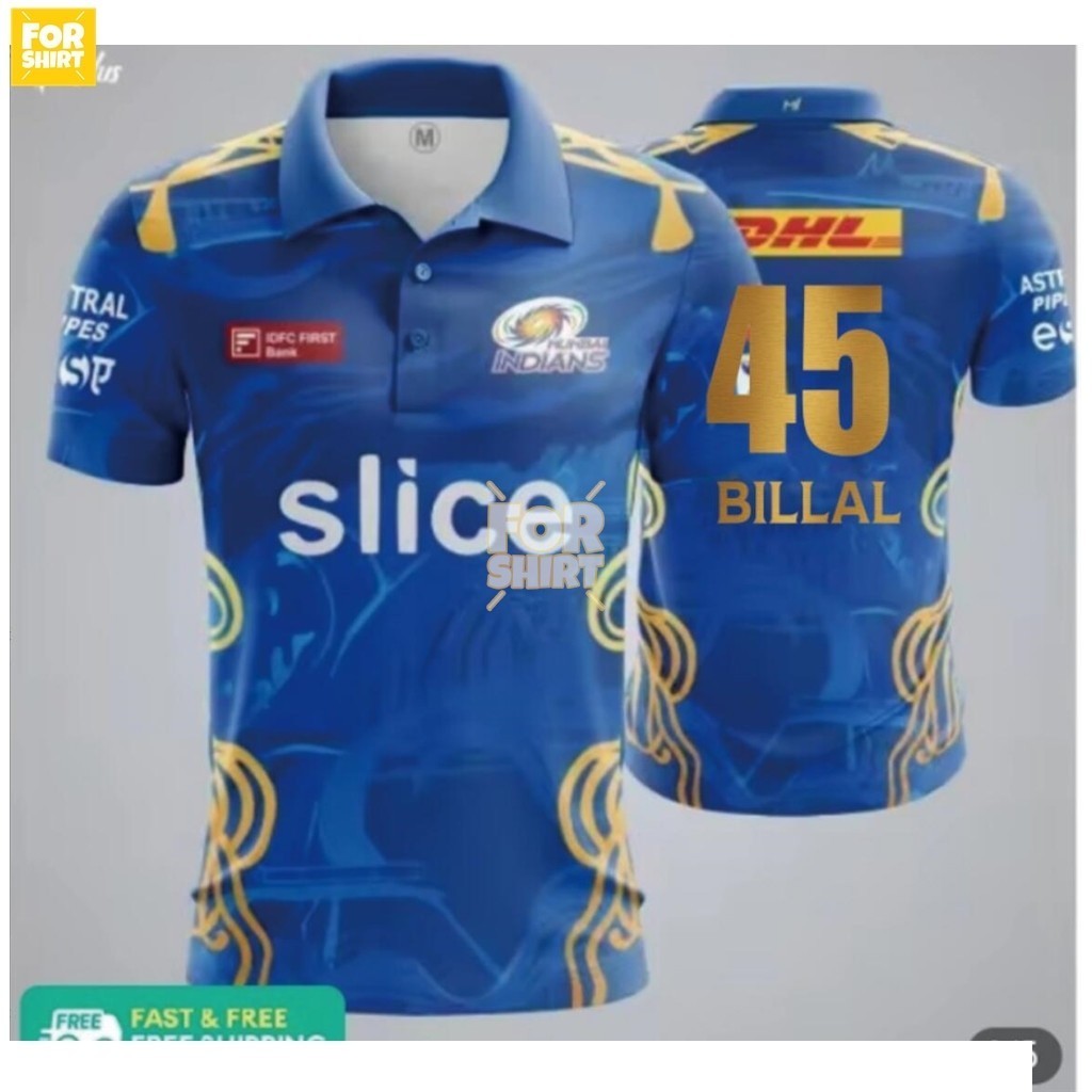 เสื้อยืดโปโล Mumbai IPL Jersey พร้อมตัวเลือกพิมพ์ชื่อและหมายเลข