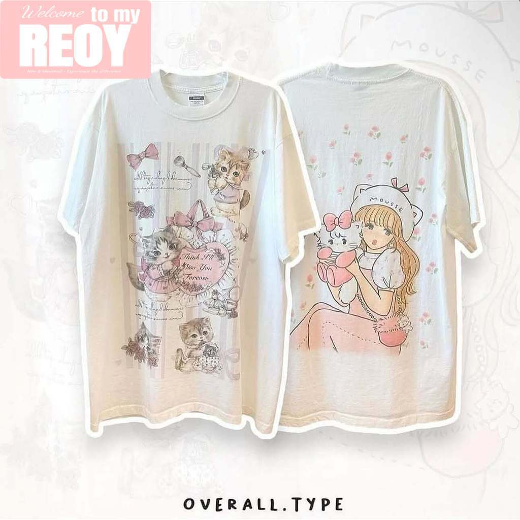 เกาหลี เสื้อลายแมว วินเทจ เสื้อยืด oversize ผลิตจากผ้าฝ้าย 100% พิมพ์ลาย ลายแมว เหมาะ ผู้หญิง และ ผู้ชาย #5