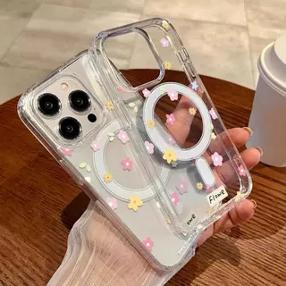 เคสโทรศัพท์แบบใสแม่เหล็กสำหรับ iPhone 17 11 12 13 14 Plus 15 Pro Max เคสลายดอกไม้กันกระแทกซิลิโคนฝาหลังแข็ง