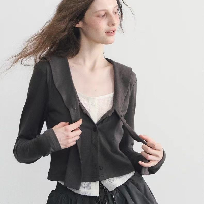 2026แฟชั่น2026 "คุณในเลนส์" เกาหลีสบายๆปลอมลูกไม้แจ็คเก็ตผู้หญิง25ฤดูใบไม้ร่วงสลิมฟิตกองทัพเรือคอปกแ