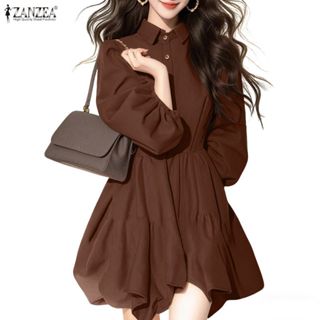 Zanzea ผู้หญิงเกาหลี Elgant Collar ครึ่งด้านหน้าติดกระดุมสีท…