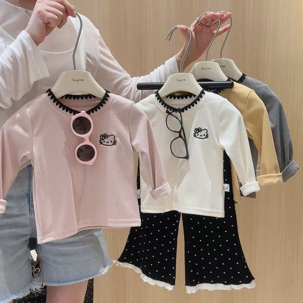 (6m-15Yrs) สาวปักแขนยาวTeeรอบคอสบายๆฤดูใบไม้ร่วงใหม่น่ารักเสื้อแฟชั่นBasic Layer