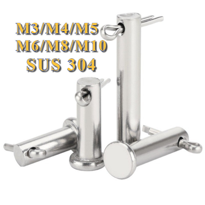 หมุดพิน ปิ๊น สลัก หัวกลมแบน สแตนเลส 304 แถมปิ้นเสียบ M3/M4/M5/M6/M8/M10 * L8-150 มม. / Clevis Pin w/