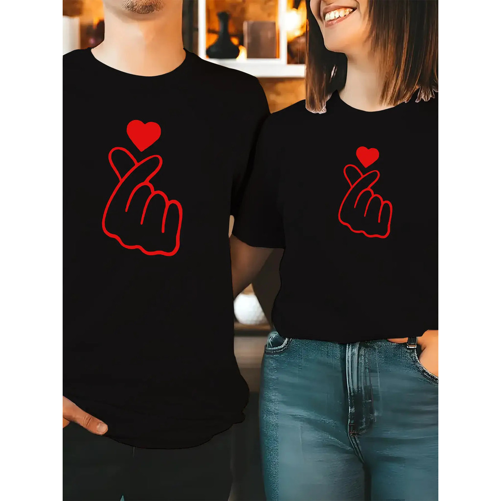 ชุดเสื้อยืดคู่รักเข้าชุด - สวมใส่สบายพร้อมลายพิมพ์รูปหัวใจสนุกๆ สีเบจ ขนาด S