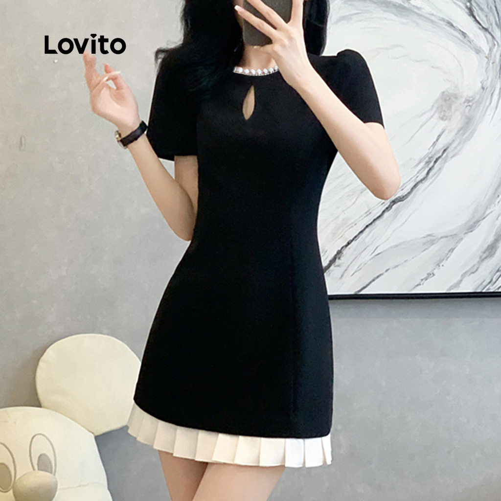 Lovito เดรสลําลอง สีบล็อก เย็บผ้า ฤดูใบไม้ผลิ/ฤดูร้อน สีดํา สําหรับผู้หญิง LK2AD249 - รูปที่ 2