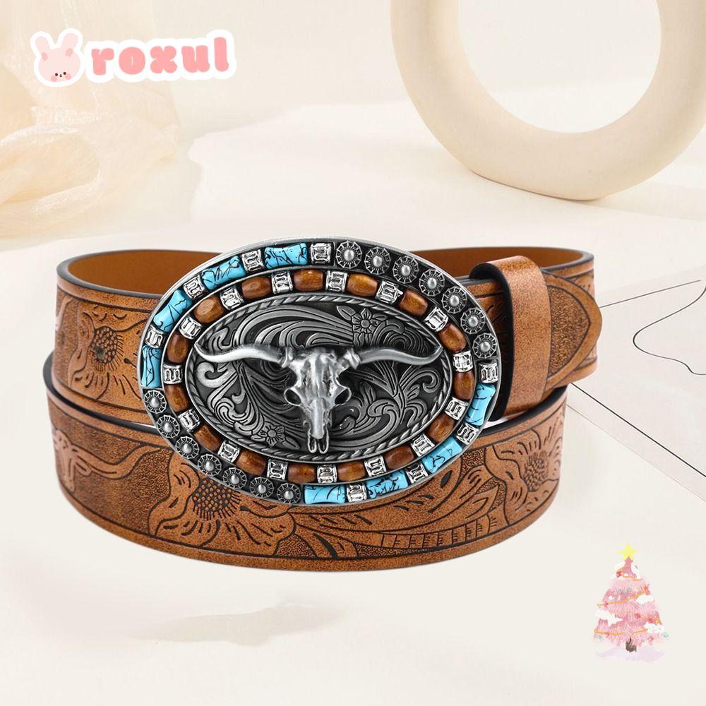 Roxul Mens Western Cowboy Belt, PU Leather Wide Buckle Belt, Fashion Vintage Bull Pattern Waist Belt
